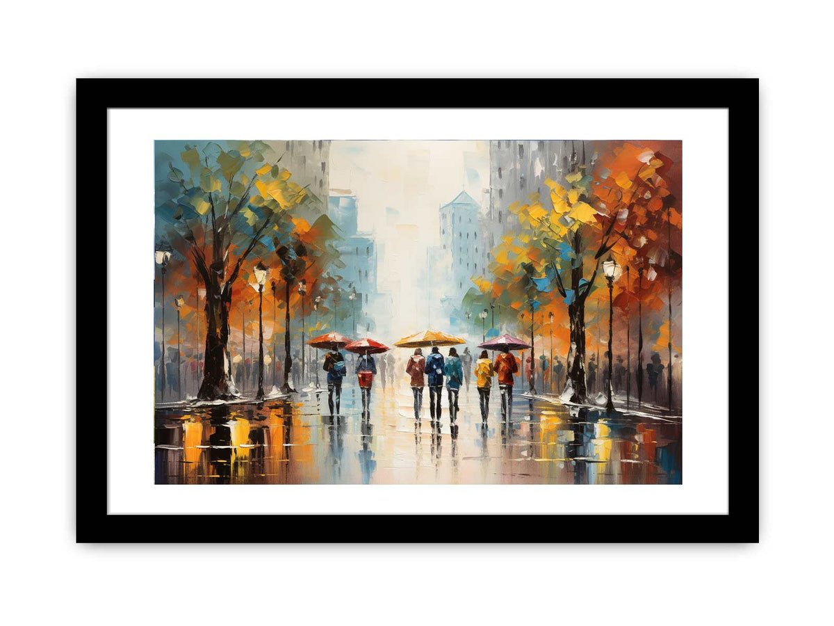 Rainy city street canvas art with colorful umbrellas for modern living room decor.