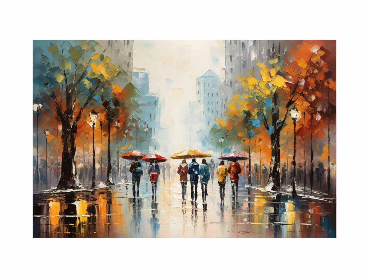 Rainy city street canvas art with colorful umbrellas for modern living room decor.