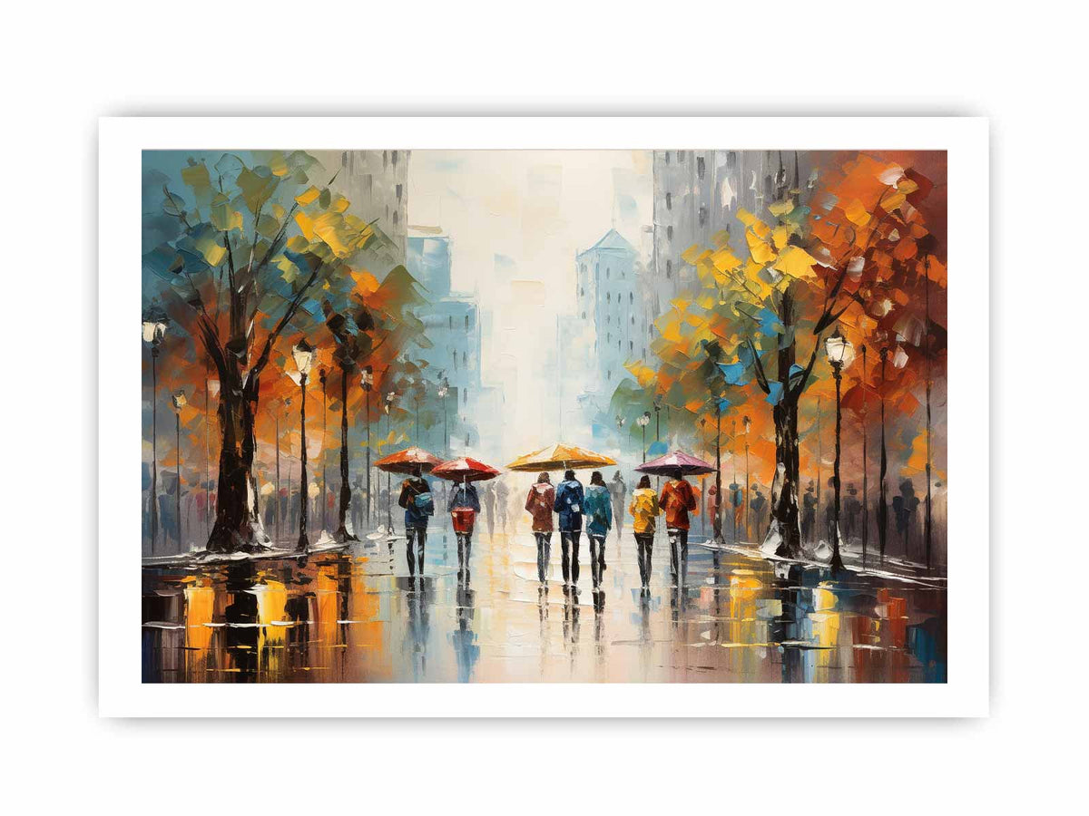 Rainy city street canvas art with colorful umbrellas for modern living room decor.