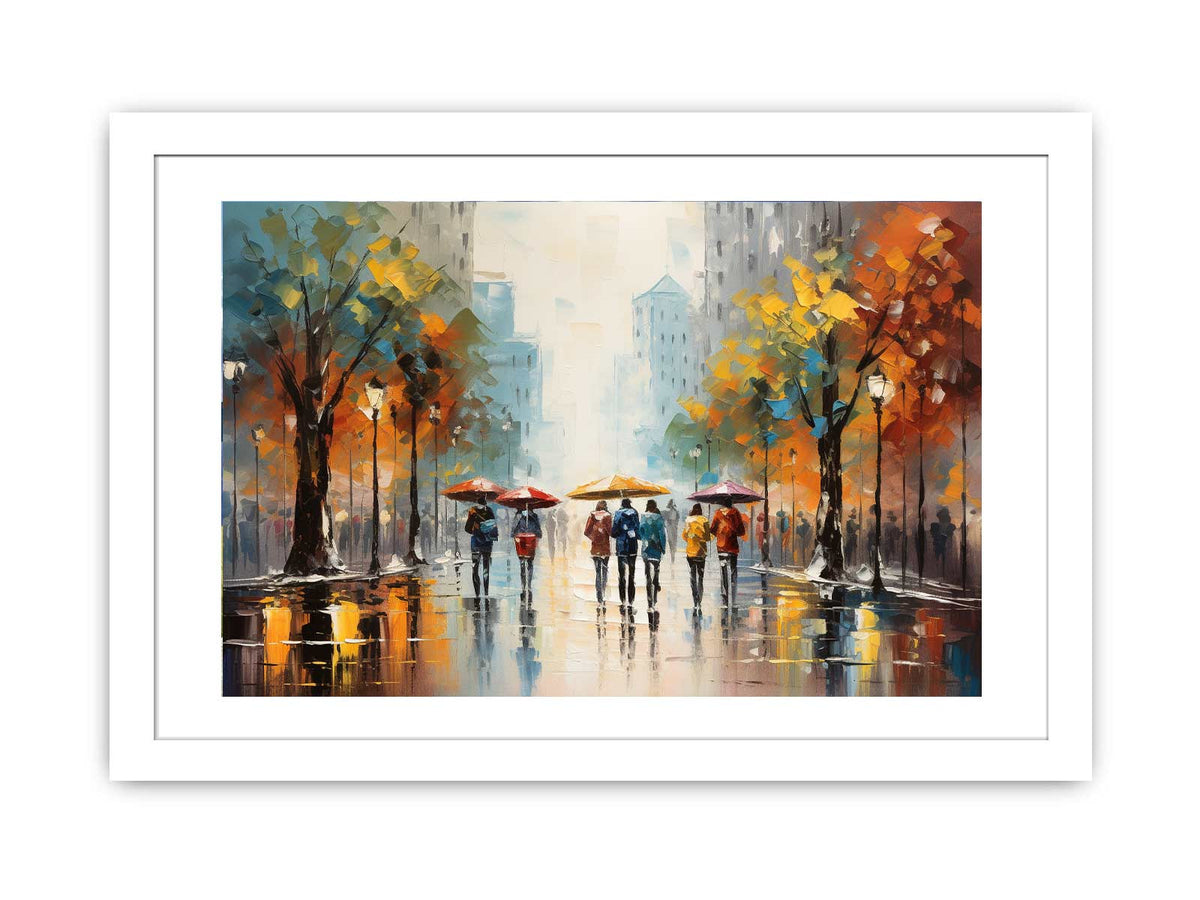 Rainy city street canvas art with colorful umbrellas for modern living room decor.