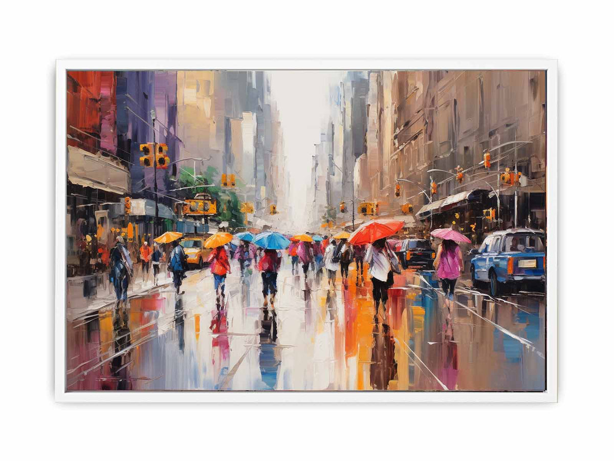 New York rainy street canvas art with umbrellas and taxis for modern urban decor.
