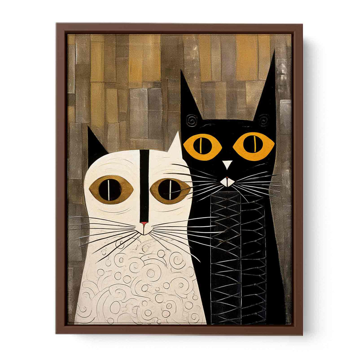 Abstract black and white cat canvas art with gold eyes for stylish bedroom decor.