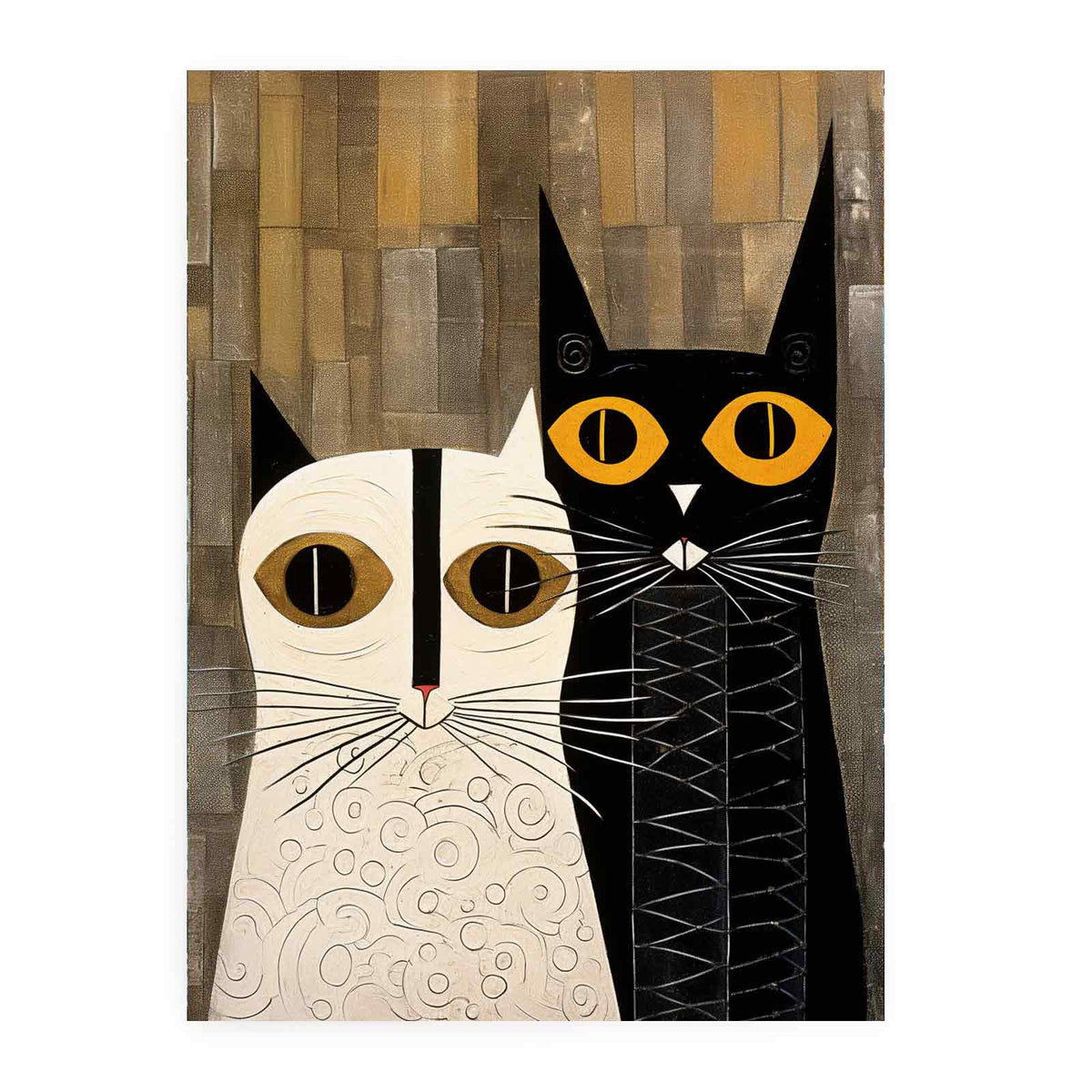 Abstract black and white cat canvas art with gold eyes for stylish bedroom decor.