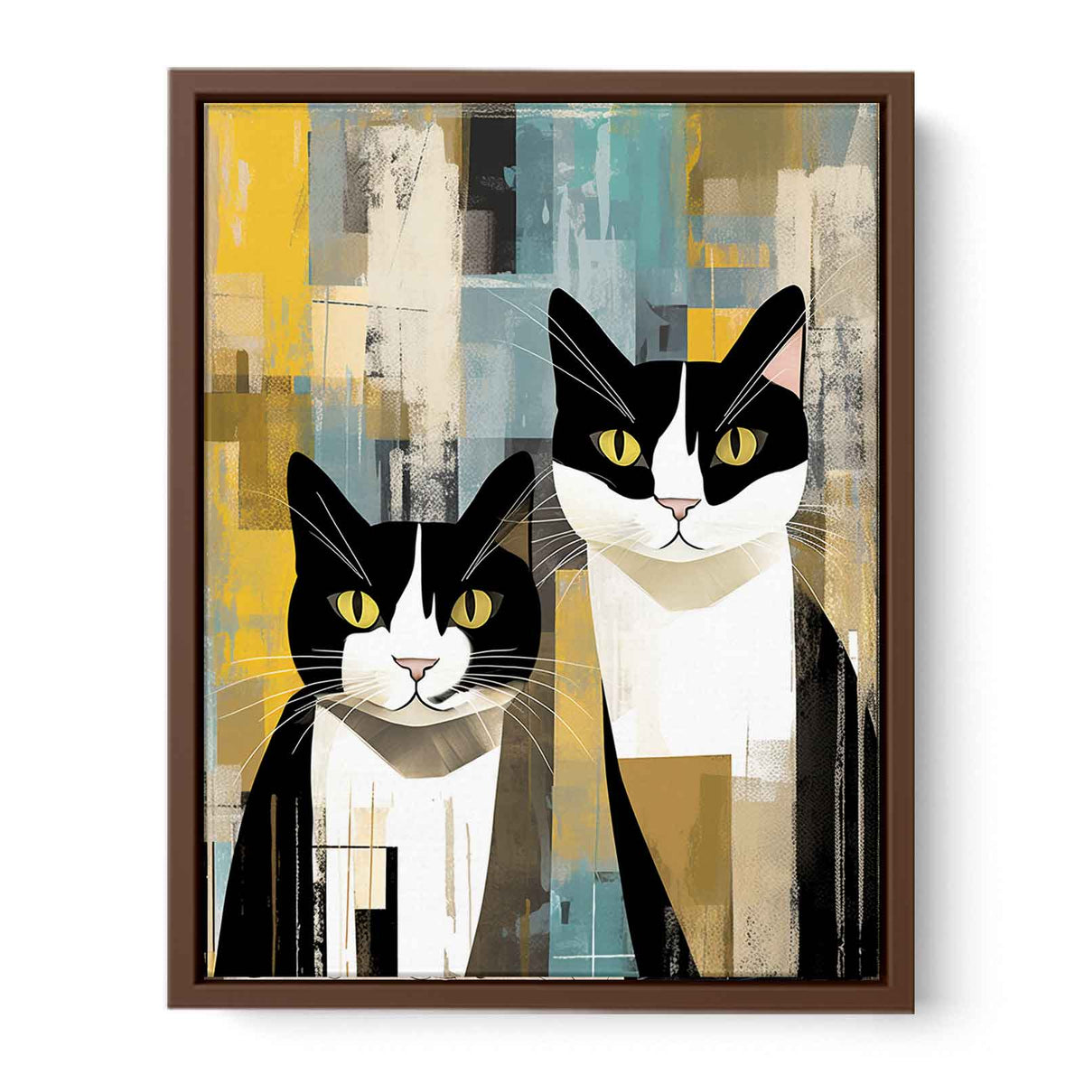 Modern tuxedo cat canvas art with abstract texture for bedroom or office decor.