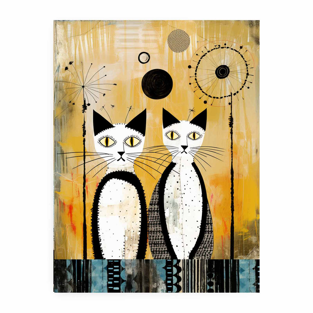 Whimsical abstract cat canvas art with golden vintage texture for playful home decor.