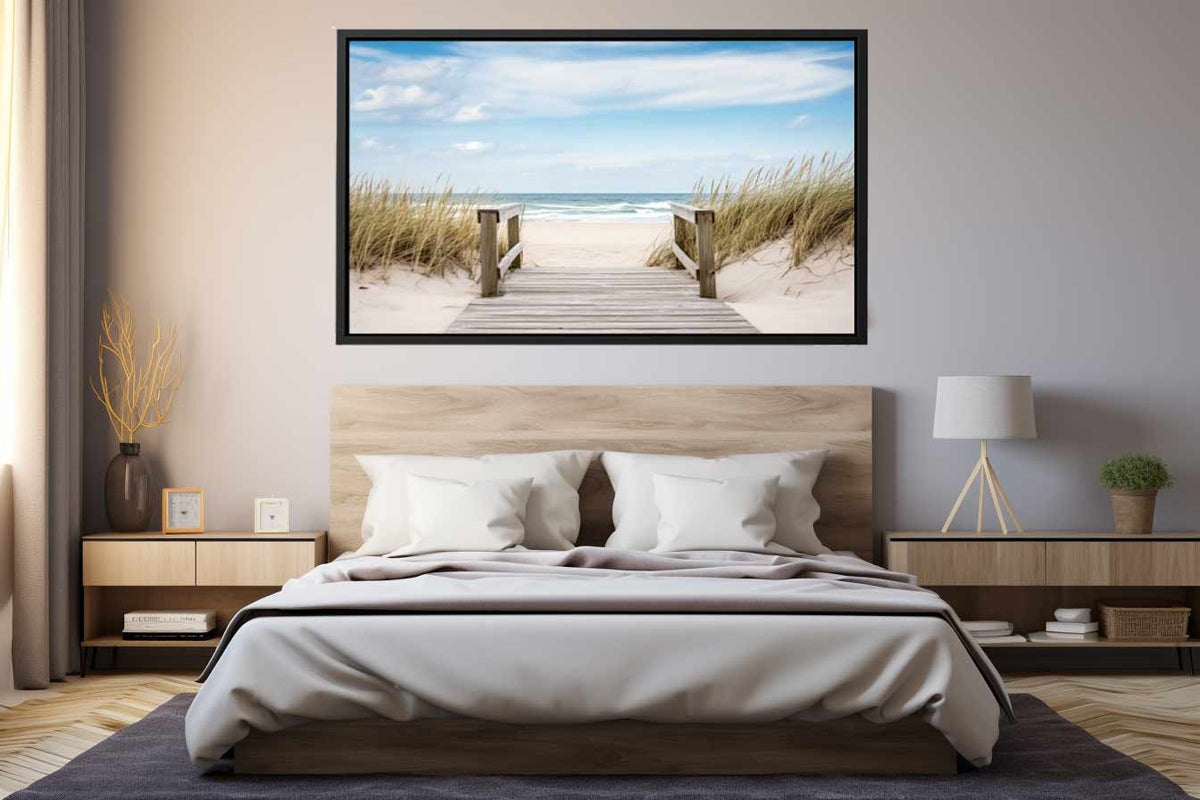 Coastal beach path canvas art with ocean dunes for calm modern living room decor.