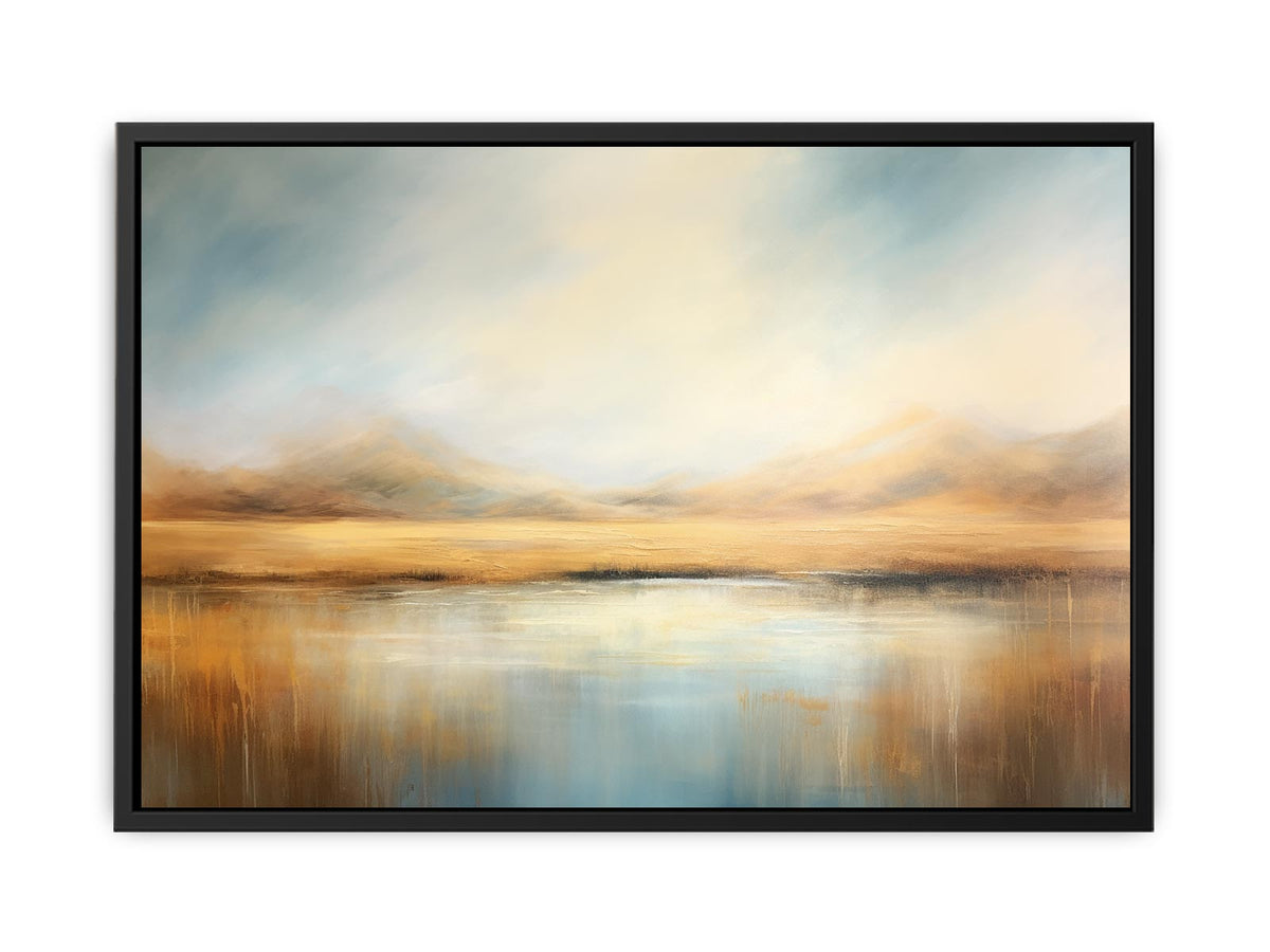 Neutral misty mountain lake canvas art for calm modern bedroom or living room decor.