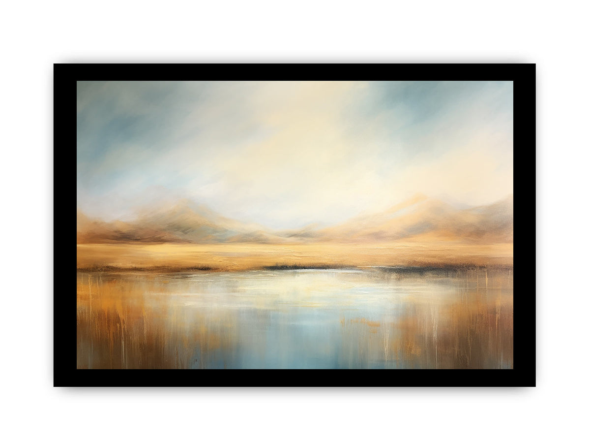 Neutral misty mountain lake canvas art for calm modern bedroom or living room decor.