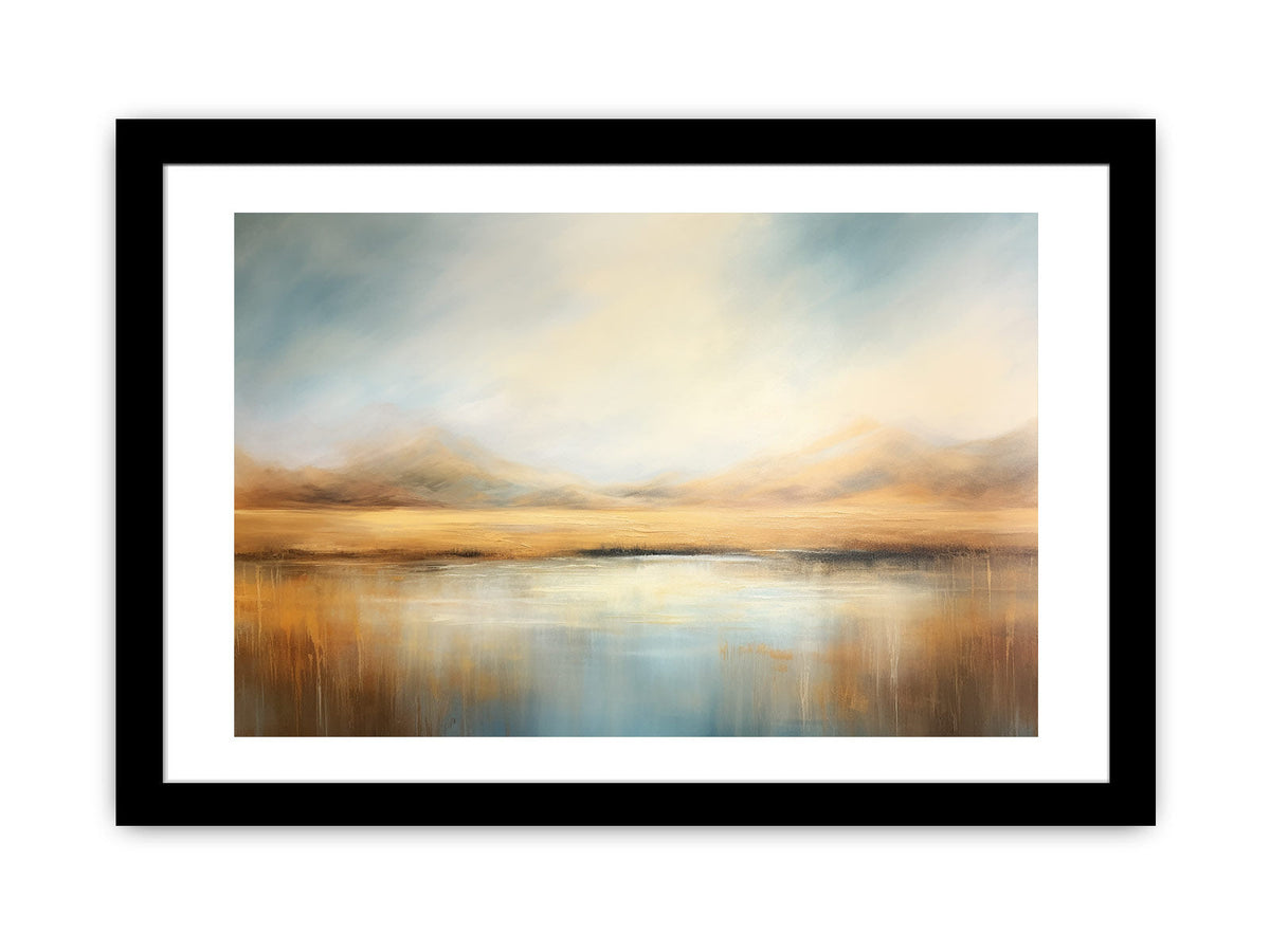 Neutral misty mountain lake canvas art for calm modern bedroom or living room decor.