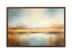 Neutral misty mountain lake canvas art for calm modern bedroom or living room decor.