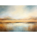 Neutral misty mountain lake canvas art for calm modern bedroom or living room decor.