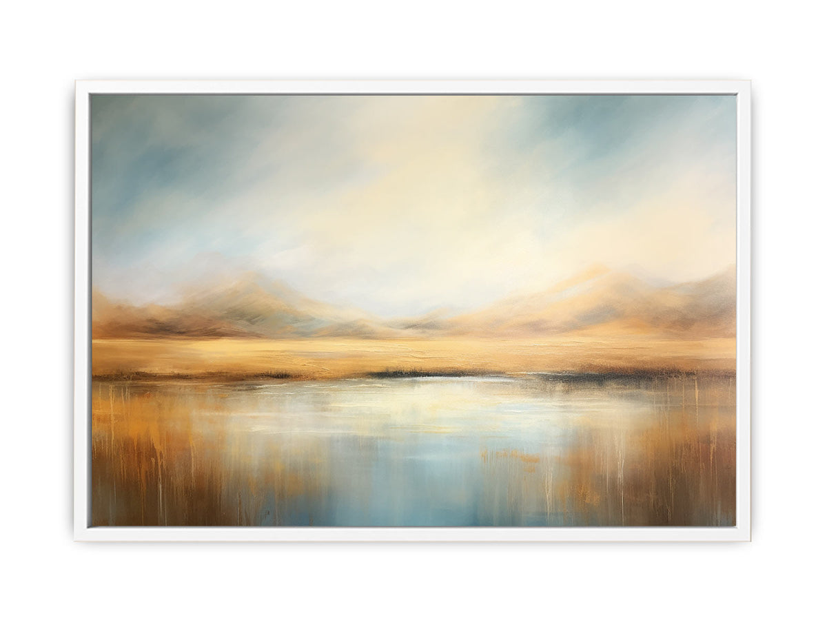 Neutral misty mountain lake canvas art for calm modern bedroom or living room decor.