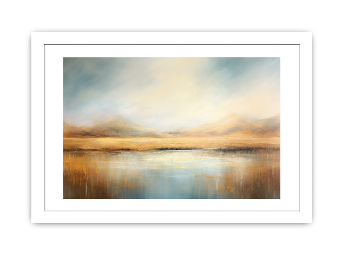 Neutral misty mountain lake canvas art for calm modern bedroom or living room decor.