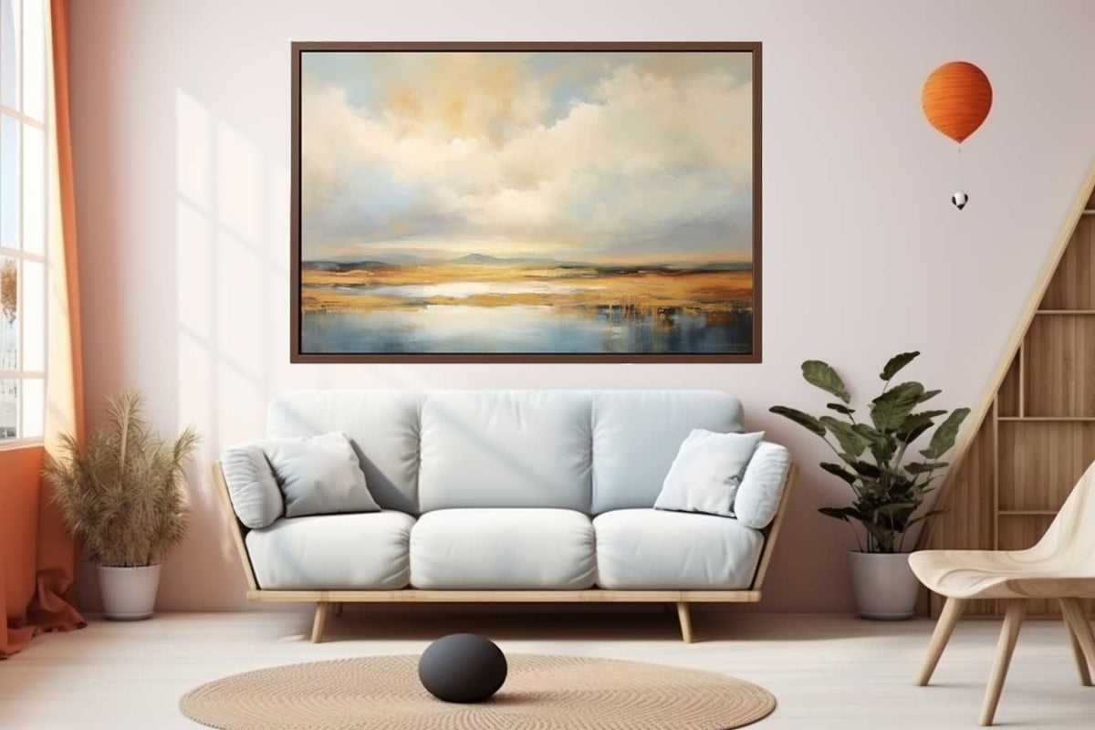 Soft abstract cloud landscape canvas art for airy modern living room decor.