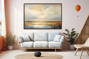 Soft abstract cloud landscape canvas art for airy modern living room decor.