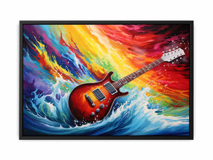 Electric guitar canvas art with rainbow ocean waves for bold music room decor.