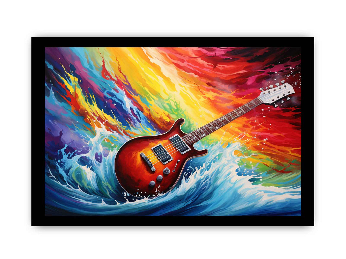Electric guitar canvas art with rainbow ocean waves for bold music room decor.