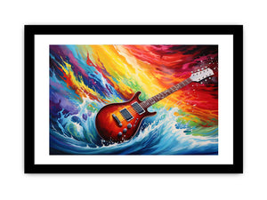 Electric guitar canvas art with rainbow ocean waves for bold music room decor.
