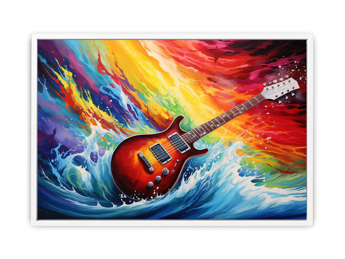 Electric guitar canvas art with rainbow ocean waves for bold music room decor.