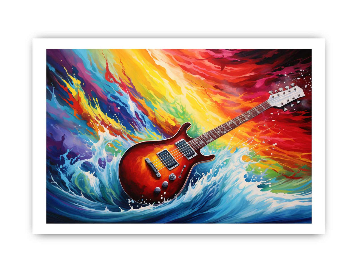 Electric guitar canvas art with rainbow ocean waves for bold music room decor.