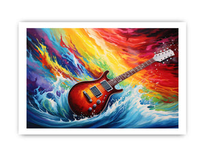 Electric guitar canvas art with rainbow ocean waves for bold music room decor.