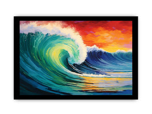Vibrant teal ocean wave canvas art with sunset sky for coastal living room decor.