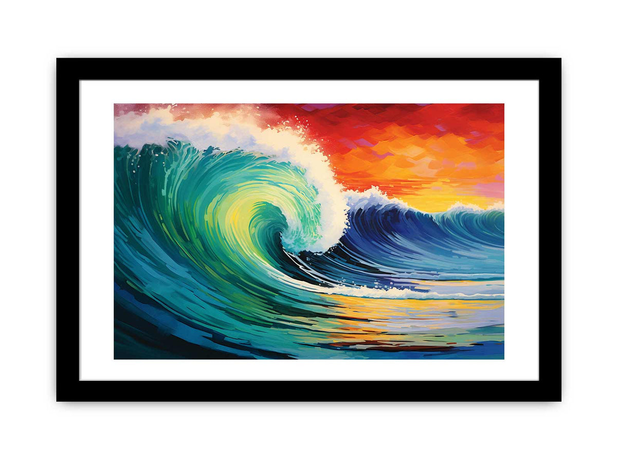 Vibrant teal ocean wave canvas art with sunset sky for coastal living room decor.