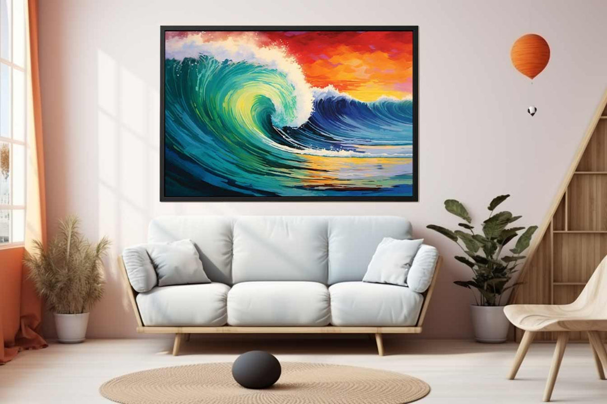 Vibrant teal ocean wave canvas art with sunset sky for coastal living room decor.