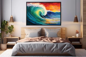 Vibrant teal ocean wave canvas art with sunset sky for coastal living room decor.