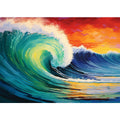 Vibrant teal ocean wave canvas art with sunset sky for coastal living room decor.