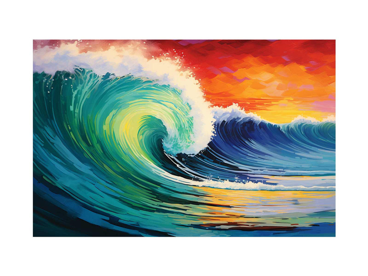 Vibrant teal ocean wave canvas art with sunset sky for coastal living room decor.