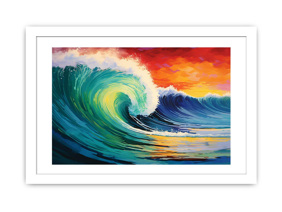 Vibrant teal ocean wave canvas art with sunset sky for coastal living room decor.