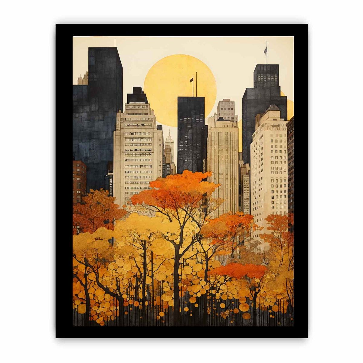 Autumn New York city canvas art with golden trees and skyline for elegant wall decor.
