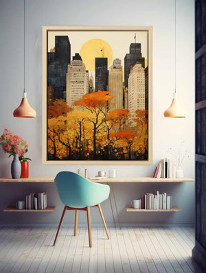 Autumn New York city canvas art with golden trees and skyline for elegant wall decor.
