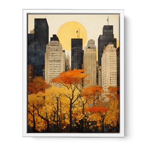 Autumn New York city canvas art with golden trees and skyline for elegant wall decor.