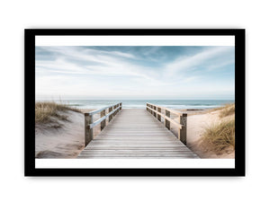 Beach boardwalk canvas print for coastal living room decor.