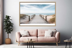 Beach boardwalk canvas print for coastal living room decor.