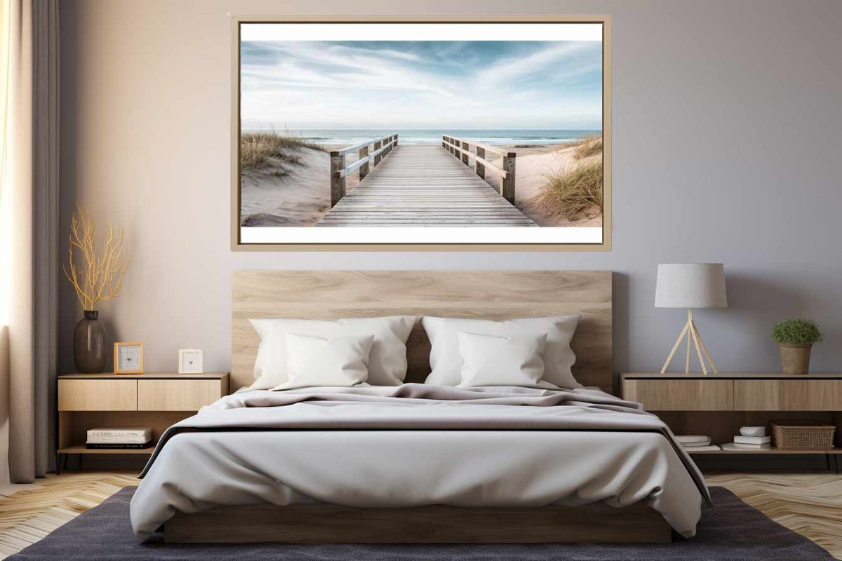 Beach boardwalk canvas print for coastal living room decor.