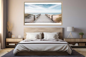 Beach boardwalk canvas print for coastal living room decor.