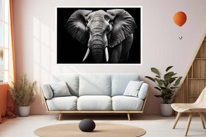 Black and white elephant canvas art for dramatic modern living room or office decor.