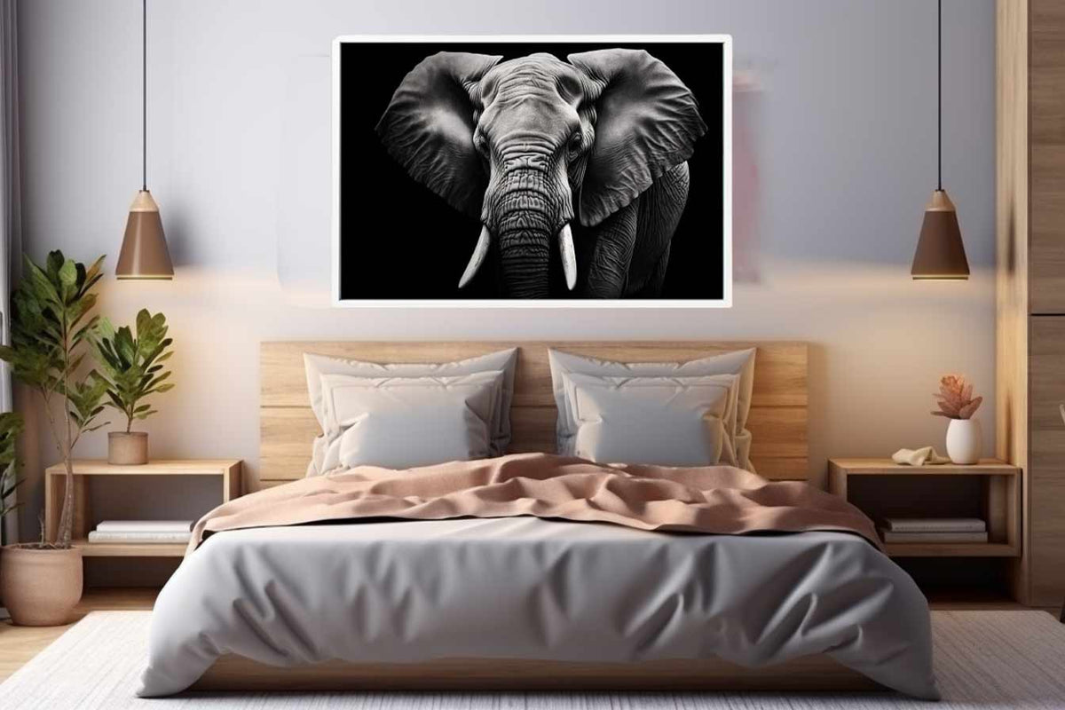 Black and white elephant canvas art for dramatic modern living room or office decor.