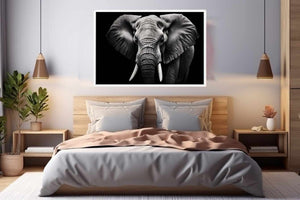 Black and white elephant canvas art for dramatic modern living room or office decor.