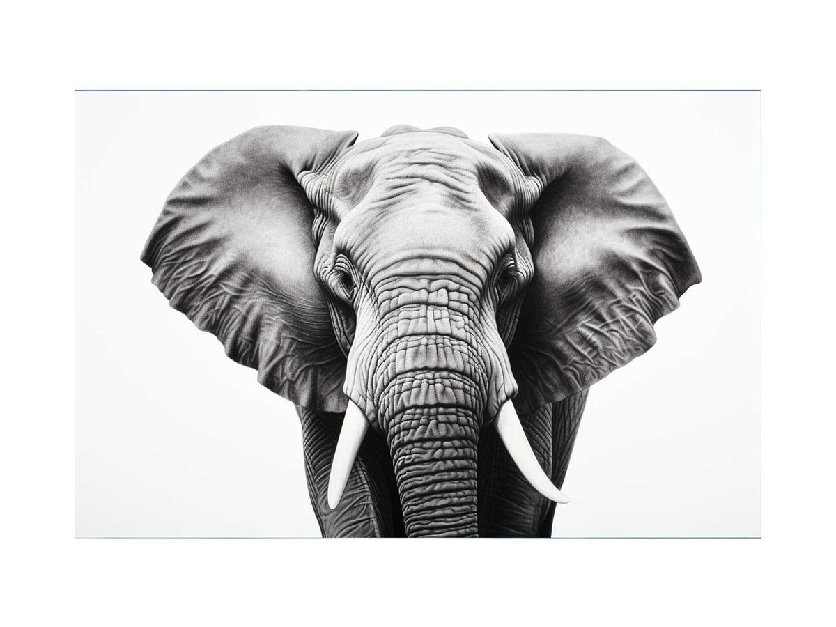 Black and white elephant portrait with dramatic ears for modern living room decor.