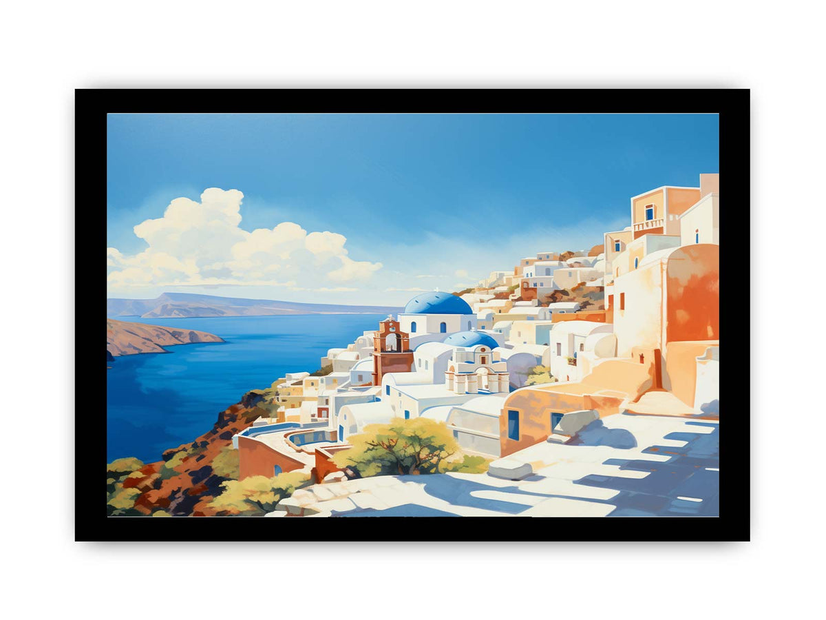 Sunlit santorini coastline with white buildings and blue domes for modern bedroom decor.