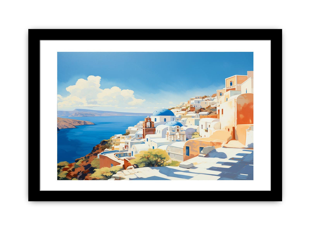 Sunlit santorini coastline with white buildings and blue domes for modern bedroom decor.