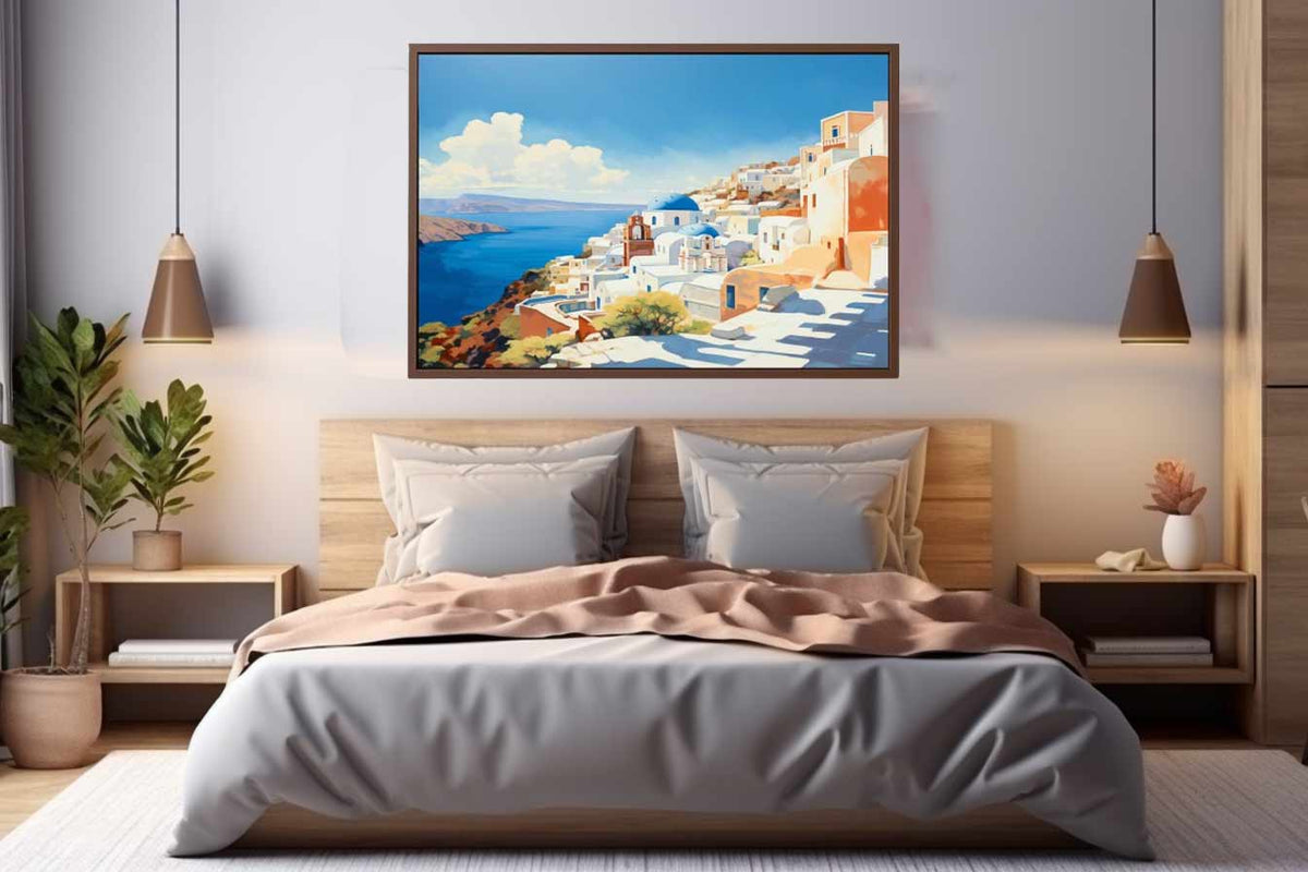 Sunlit santorini coastline with white buildings and blue domes for modern bedroom decor.