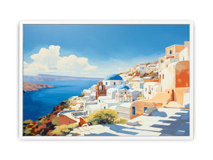 Sunlit santorini coastline with white buildings and blue domes for modern bedroom decor.