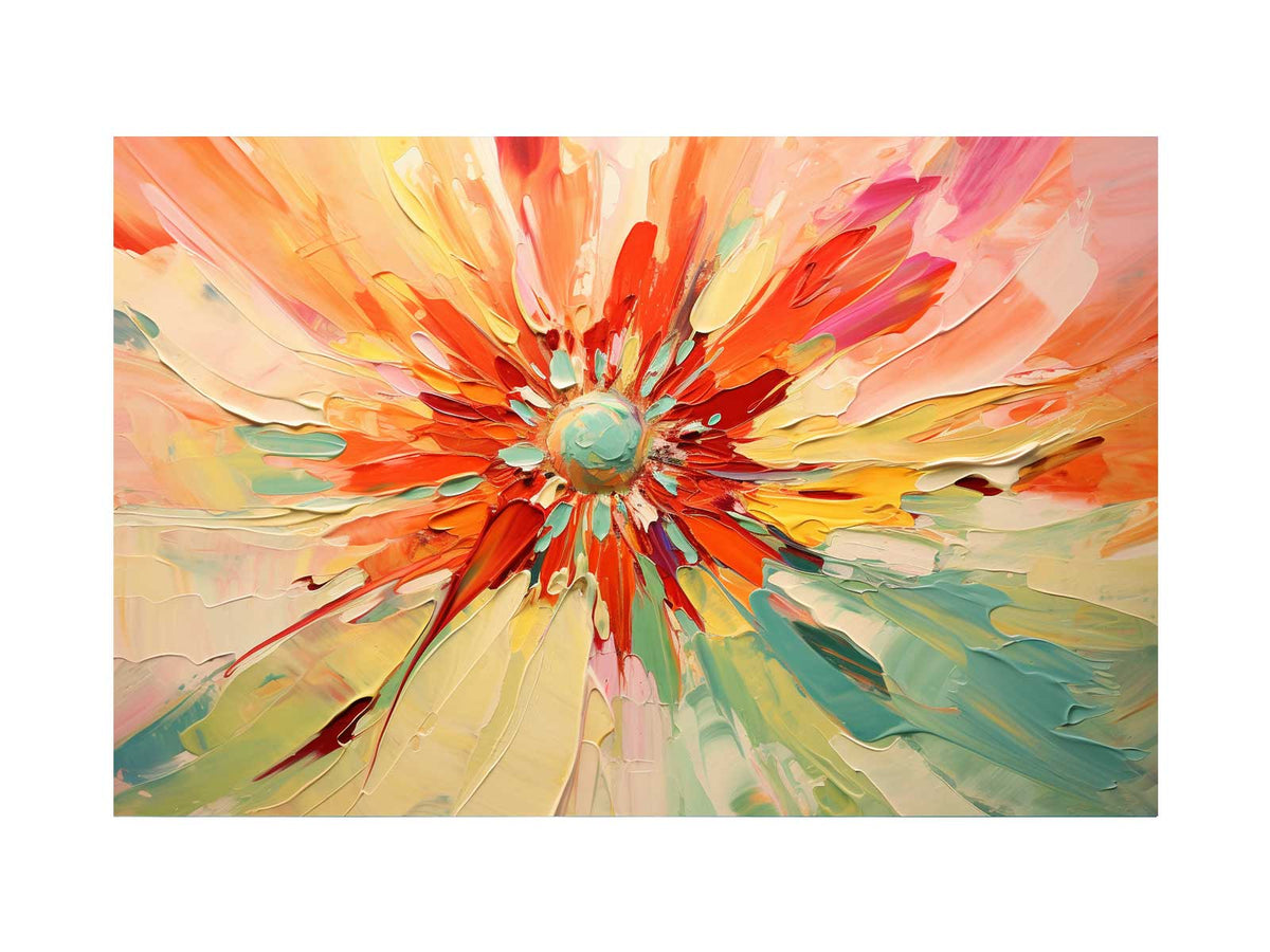 Expressive abstract flower burst with vivid impasto texture for modern living room decor.