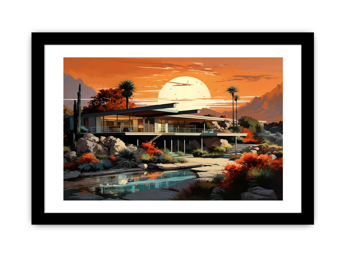 Mid-century desert house at orange sunset with pool and palms for modern living room decor.