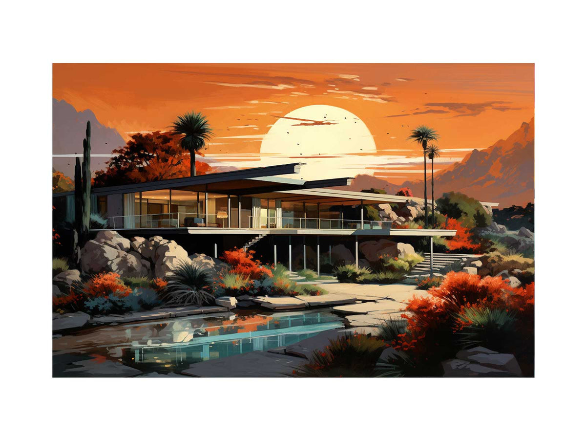 Mid-century desert house at orange sunset with pool and palms for modern living room decor.